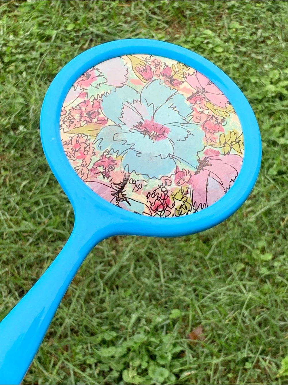 Vintage Vanity Mirror Plastic Flower Print Cottagecore Hand Held